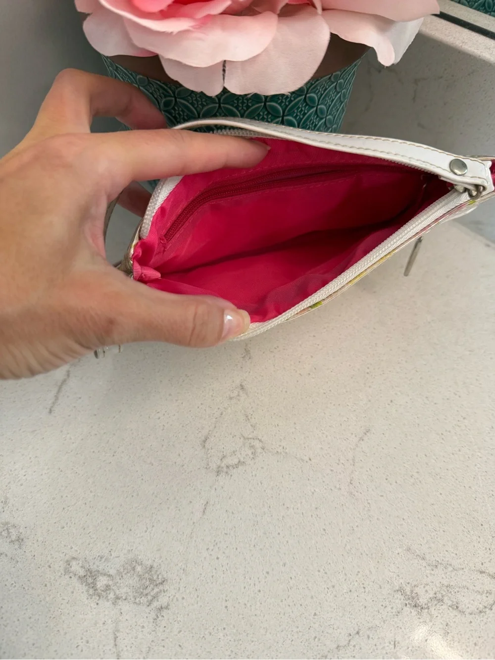 Pink Floral Wristlet Clutch with White Trim